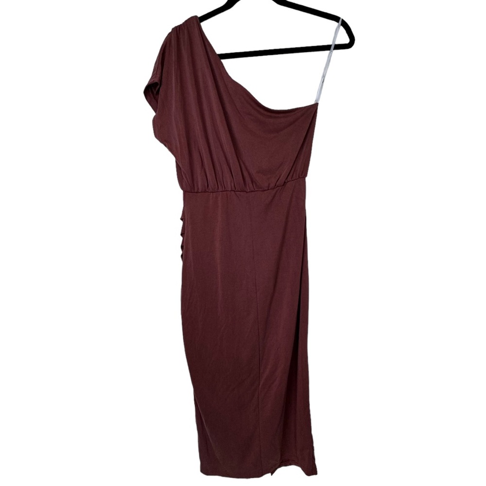 Lulu's Raise a Glass One Shoulder Midi Dress Size S Wedding Cocktail Rusty Rose - Picture 10 of 13